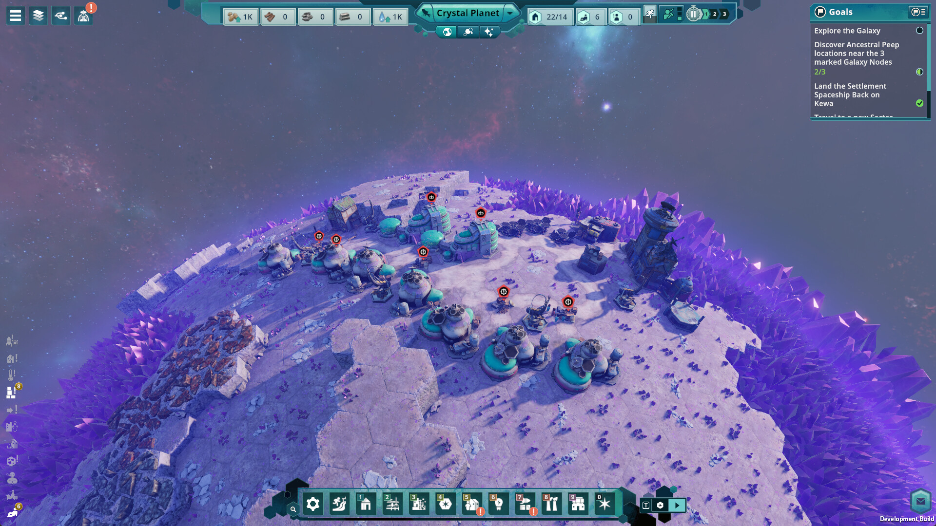 Steam screenshot of a surface labeled Crystal Planet, with buildings among purple crystals