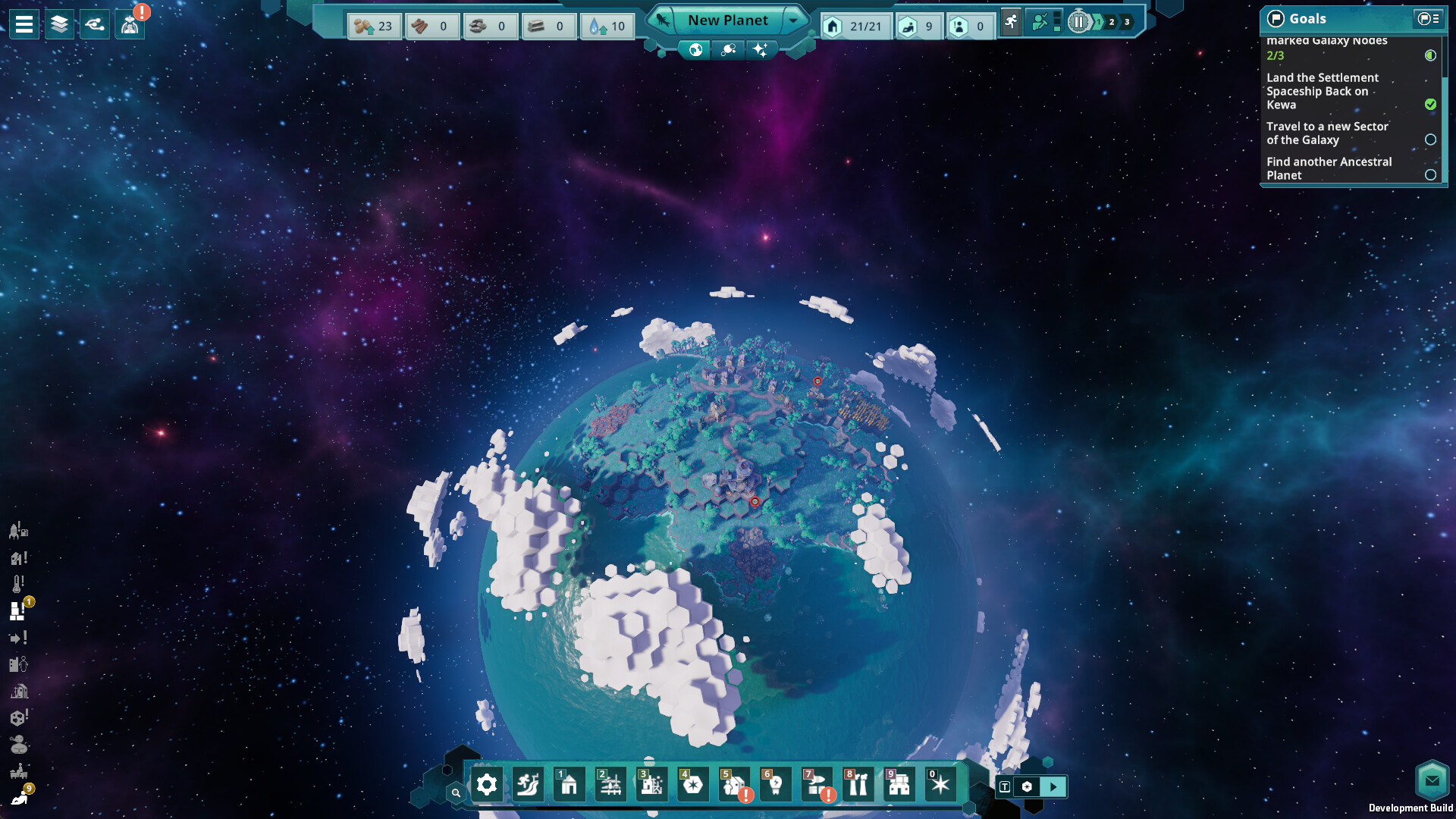 Steam screenshot of a planet labeled New Planet, seen from orbit with a surface settlement
